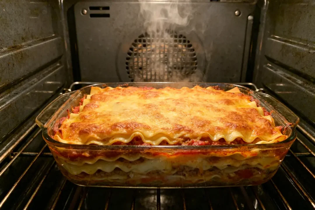 Lasagnes maison gratinées pendant la cuisson des lasagnes au four dans un plat transparent