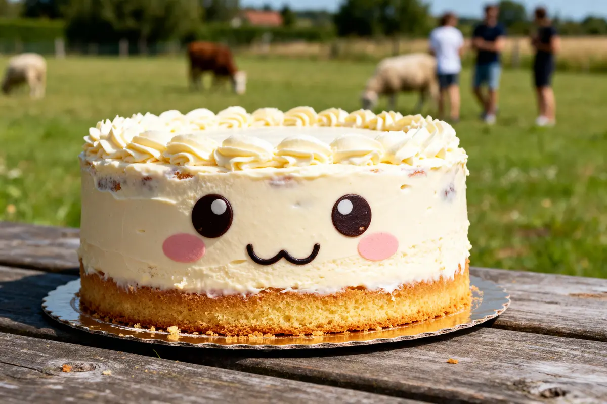 Gâteau kawaii au visage mignon sur table en bois, vaches et moutons en arrière-plan