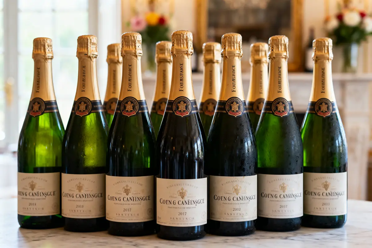Rangée de bouteilles de champagne illustrant les 10 meilleurs champagnes de qualité supérieure