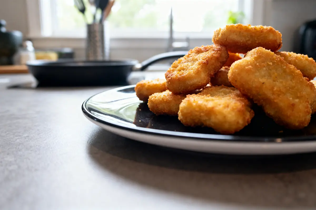 Assiette de nuggets à l'air fryer dorés sur comptoir de cuisine