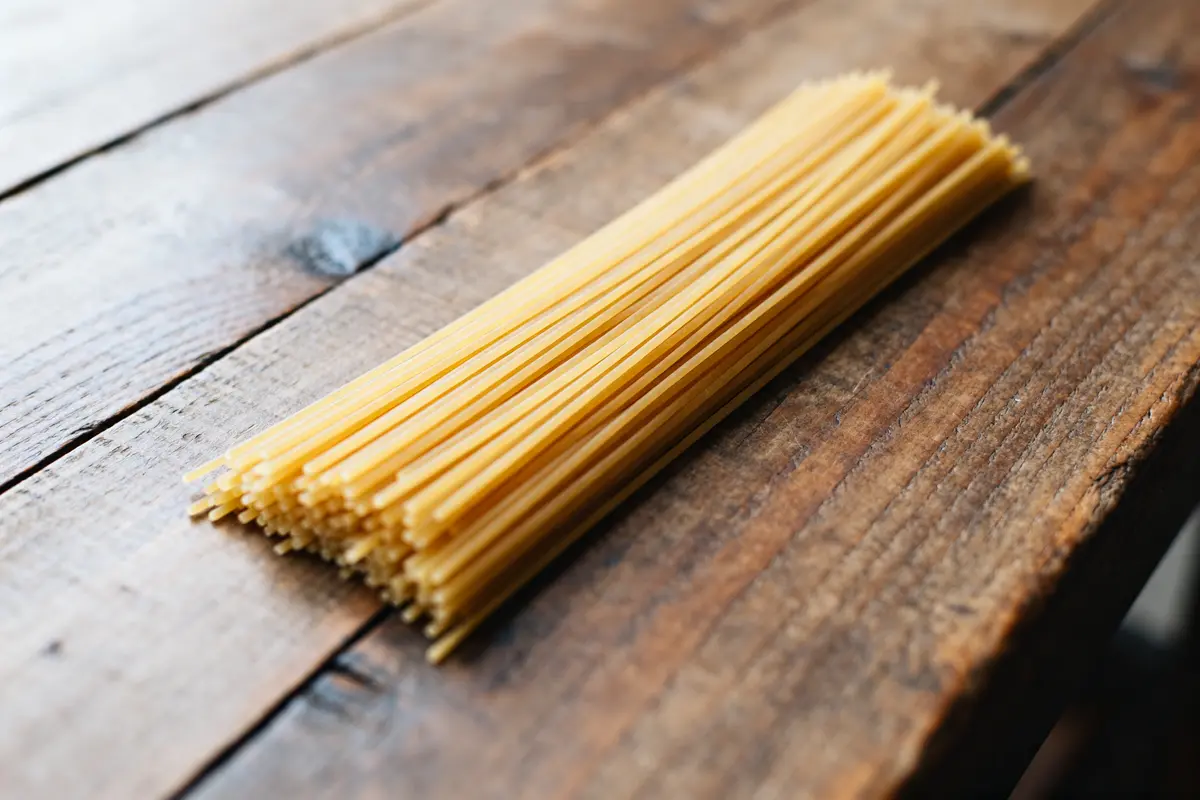 Quantité de spaghettis par personne montrée sur une table en bois rustique