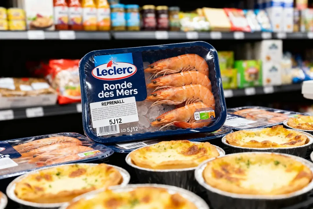 Paquet de crevettes Leclerc devant produits alimentaires suite au rappel de produit chez Leclerc