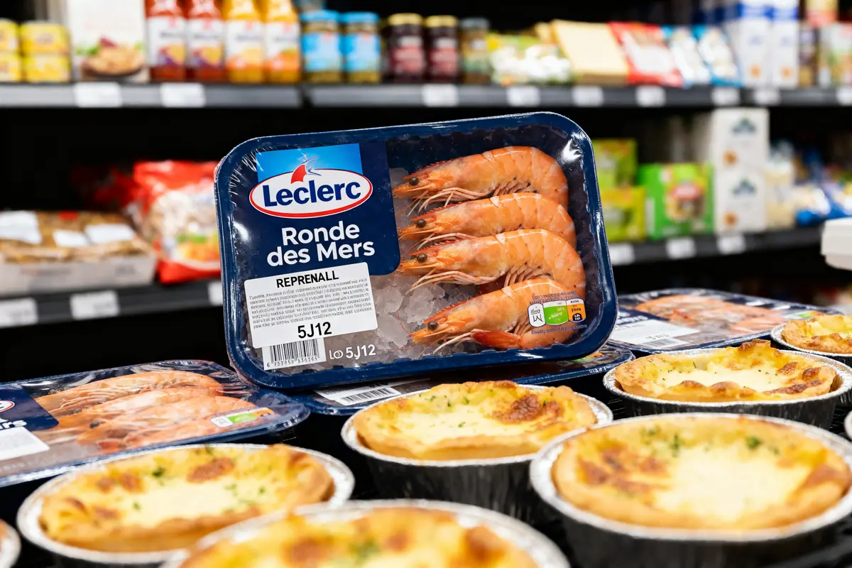 Paquet de crevettes Leclerc devant produits alimentaires suite au rappel de produit chez Leclerc