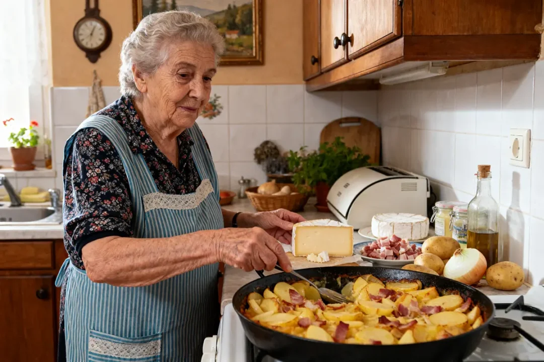 Grand-mère cuisine une savoureuse recette de grand-mère de tartiflette avec fromage et pommes de terre