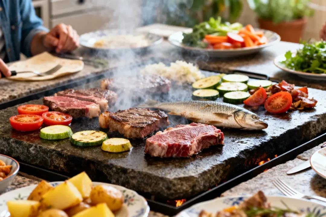Viandes et légumes grillés sur pierre pour une délicieuse recette de pierrade conviviale et savoureuse