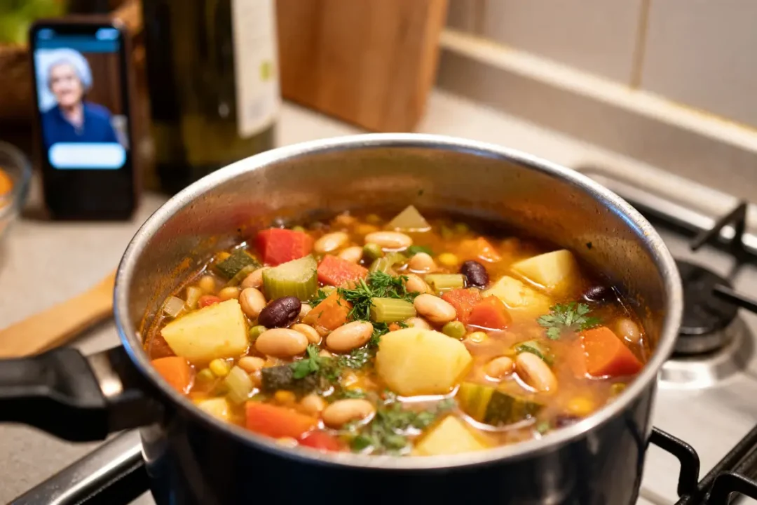 Minestrone mijotant sur la cuisinière selon une recette traditionnelle de grand-mère des minestrone