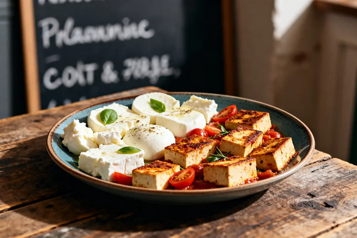 Assiette de fromages mozzarella, tomates et tofu épicé pour remplacer la feta