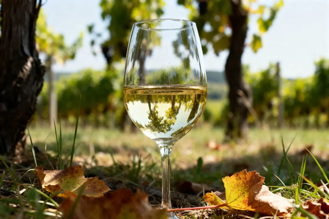 Verre de sauvignon blanc dans un vignoble ensoleillé avec feuilles d'automne au sol