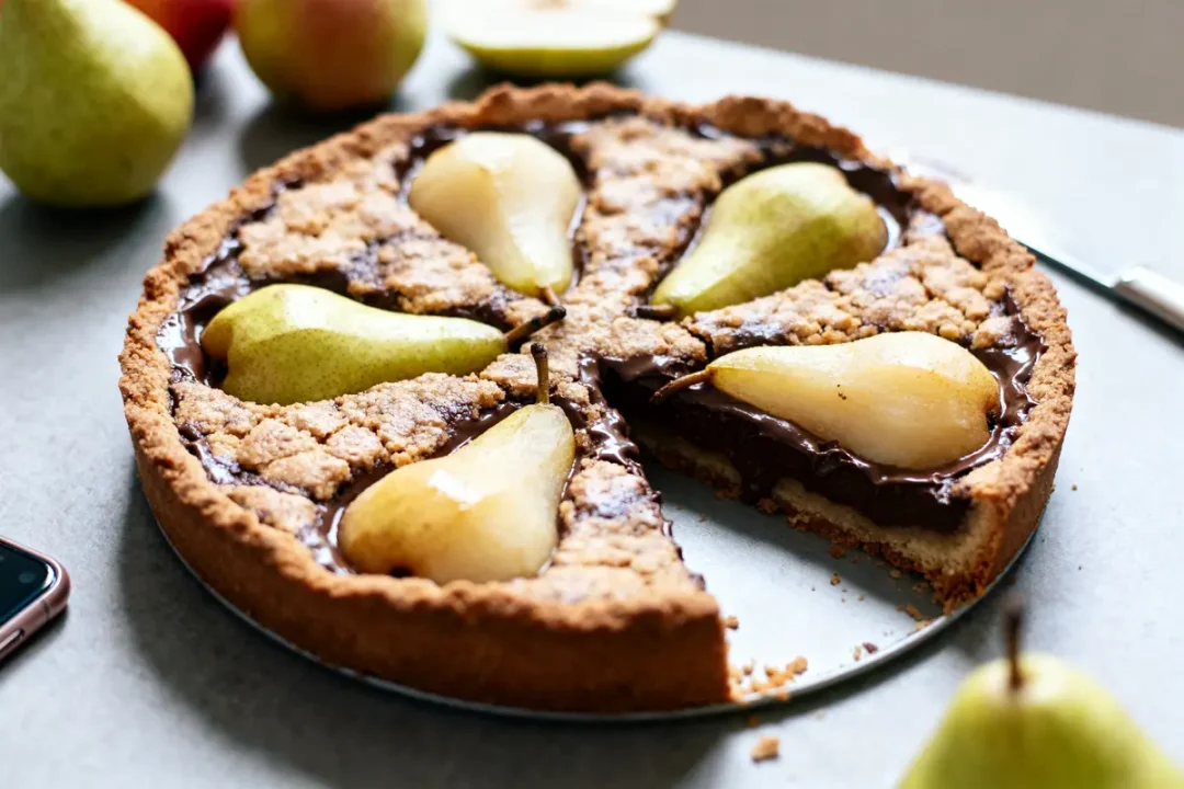 Tarte poire chocolat Cyril Lignac garnie de poires entières et chocolat fondant sur pâte croustillante