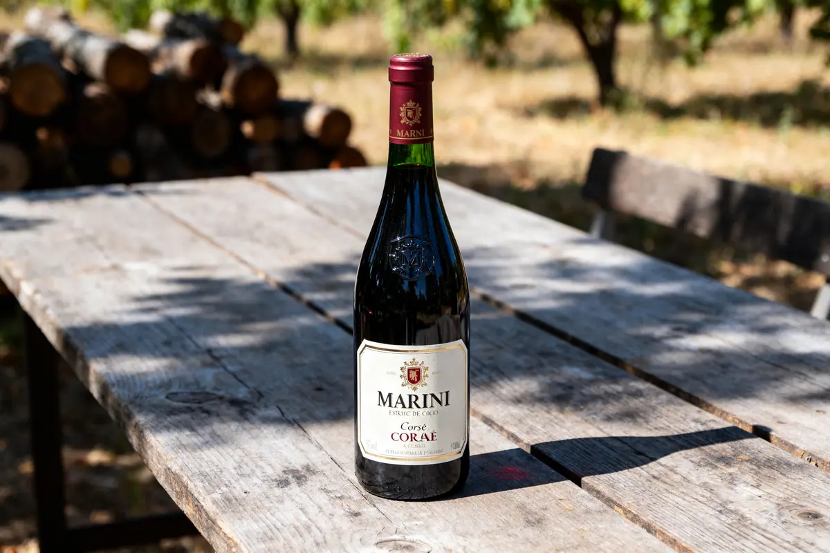 Bouteille de vin Mariani posée sur une table en bois extérieure dans un jardin verdoyant