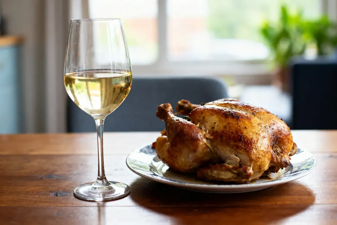 Verre de vin avec poulet rôti sur une table en bois élégante