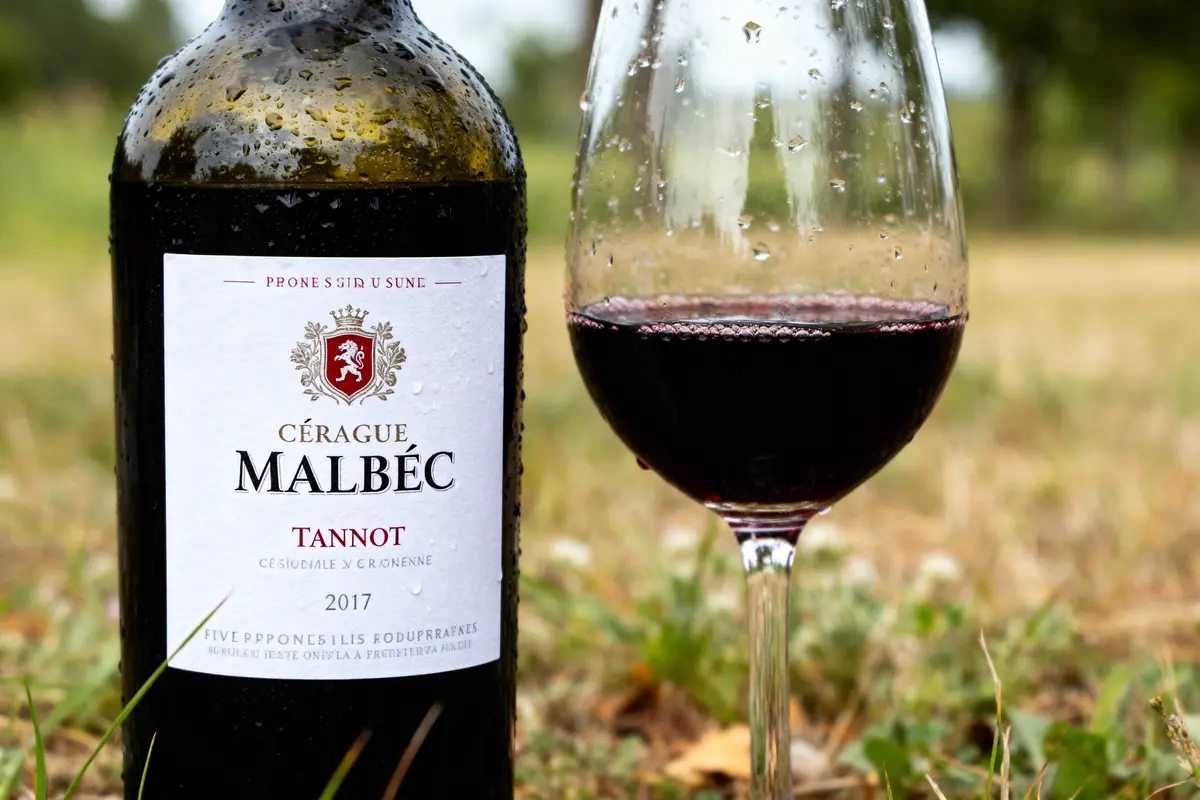 Bouteille et verre de vin du Sud-Ouest posés sur l'herbe humide