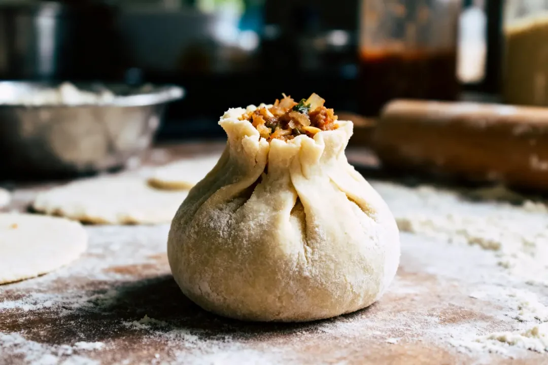 Gros plan sur un beignet farci maison, posé sur une surface enfarinée dans une cuisine.