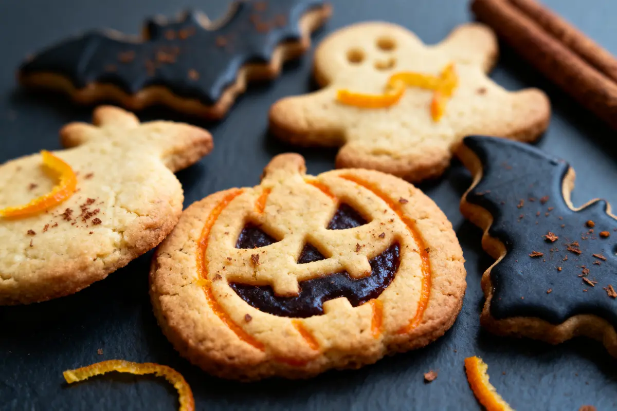 Biscuits d'Halloween : citrouille, fantôme et chauve-souris décorés, posés sur table sombre.