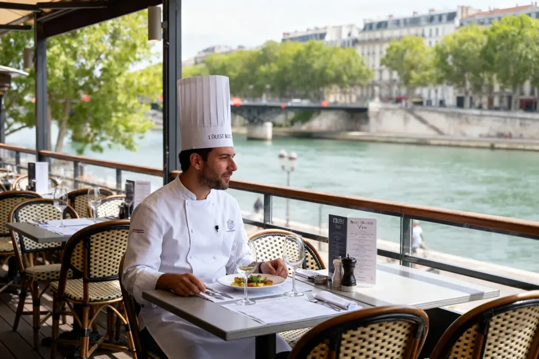 Un chef en uniforme blanc mange à une table en terrasse avec vue sur un fleuve urbain.