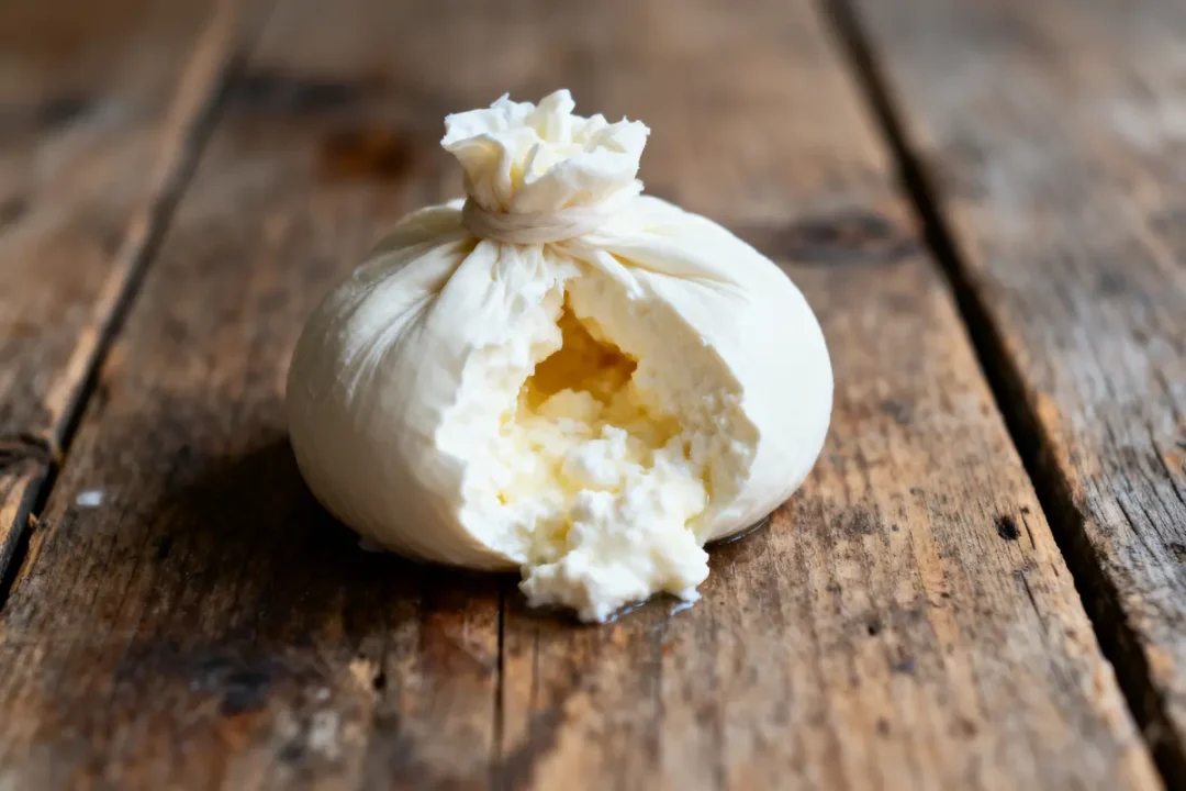Burrata fraîche sur une table en bois rustique, avec garniture crémeuse visible à l'intérieur.