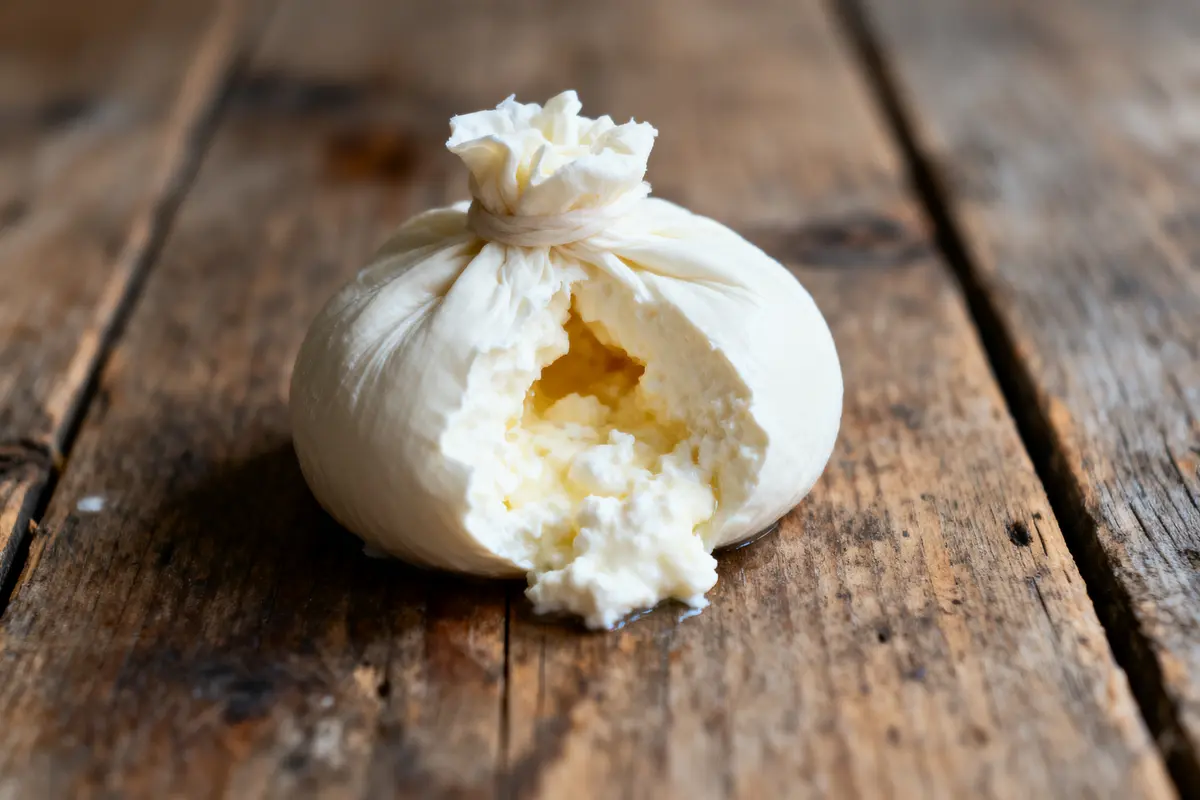 Burrata fraîche sur une table en bois rustique, avec garniture crémeuse visible à l'intérieur.