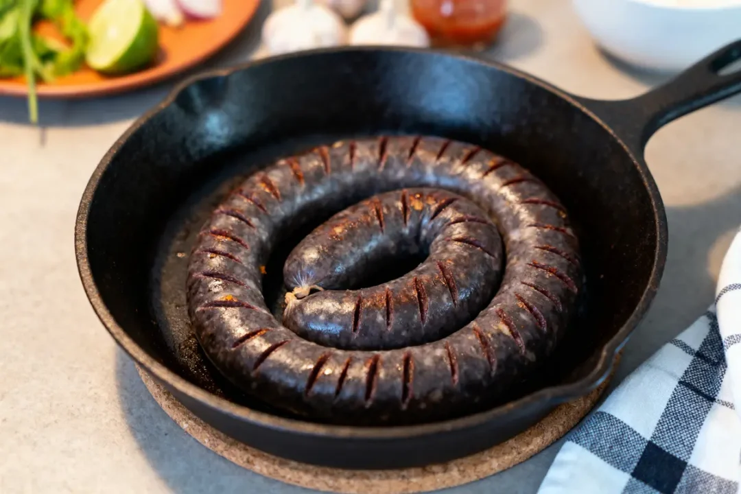Boudin noir dans une poêle en fonte, prêt à être cuisiné, avec ingrédients autour.