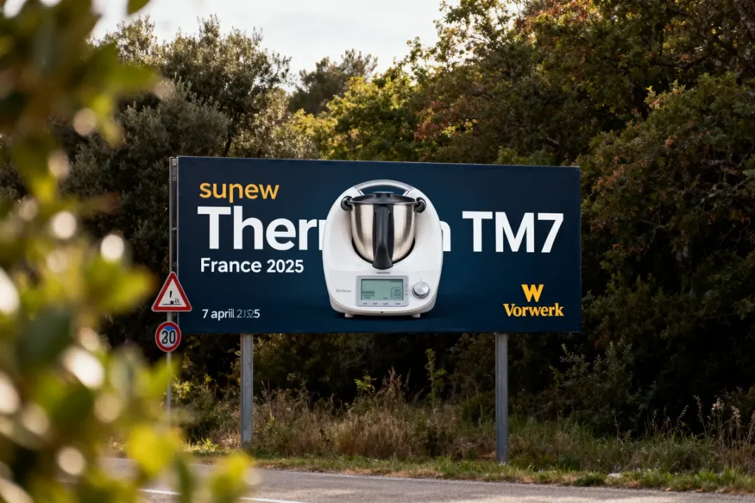 Panneau publicitaire pour le Thermomix TM7, prévu en France en 2025, posé en extérieur.