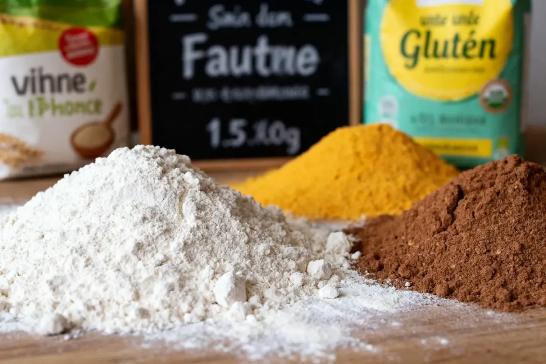 Trois tas de farine, épices et cacao sur une table en bois, avec emballages en arrière-plan.