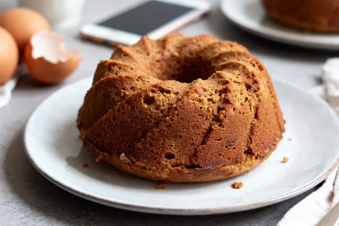 Gâteau Bundt doré sur assiette blanche, fond gris, œufs et smartphone en arrière-plan.