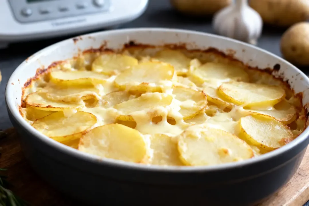 Plat de gratin dauphinois doré au four, composé de tranches de pommes de terre et de crème.
