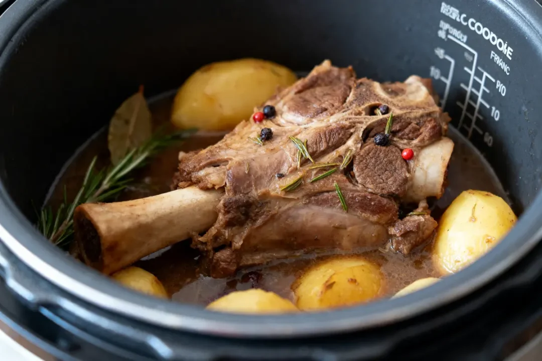 Jarret d'agneau mijoté avec pommes de terre et herbes dans une cocotte noire.