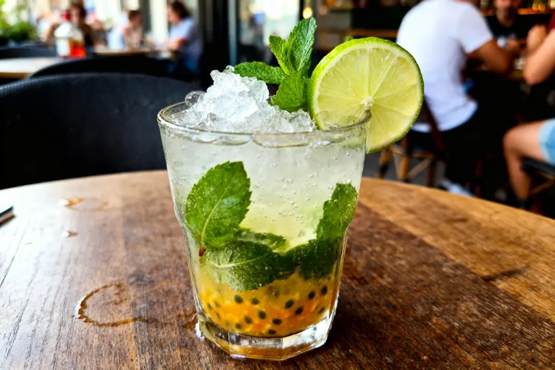 Verre de cocktail Mojito avec menthe, fruit de la passion, glace pilée, et rondelle de citron sur table.