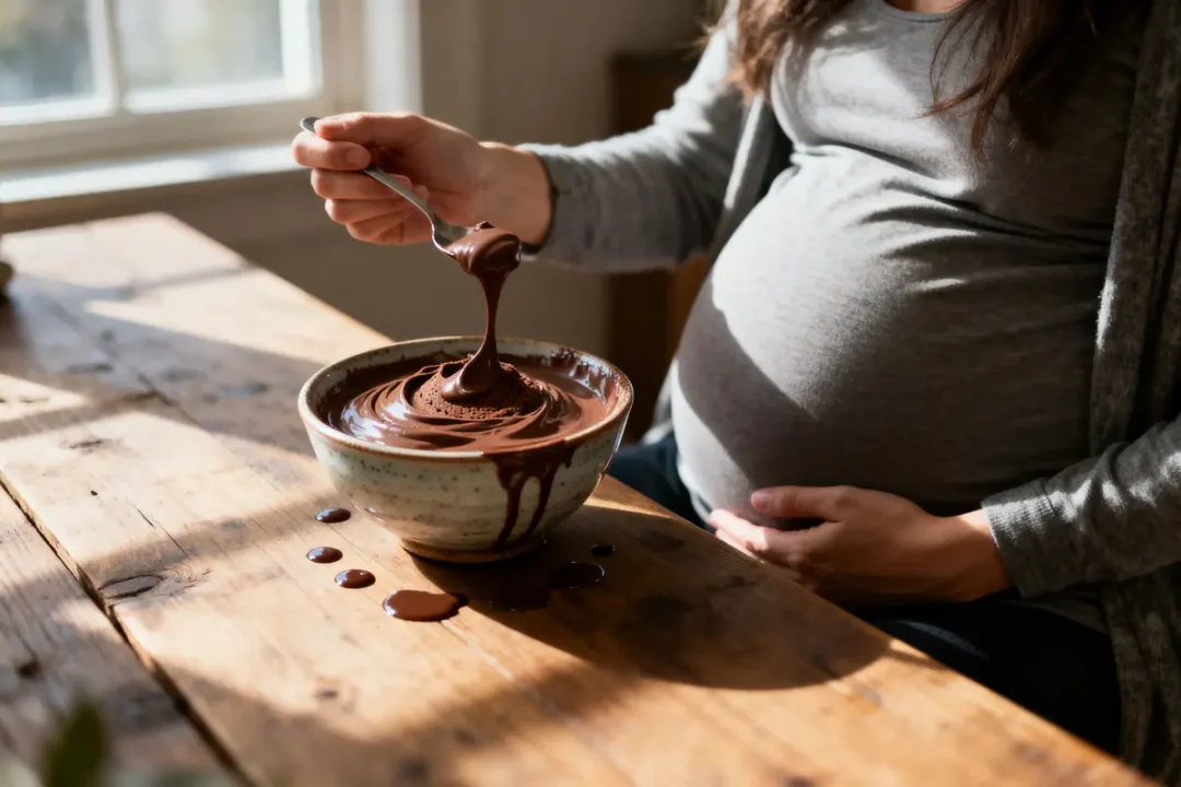 Une femme enceinte mélange du chocolat dans un bol en céramique, lumière naturelle.