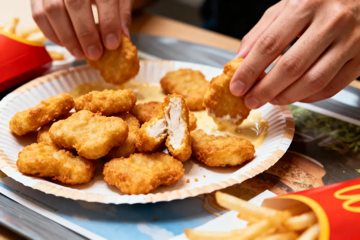 Personne trempant des nuggets de poulet dans une sauce, accompagnés de frites sur un plateau.