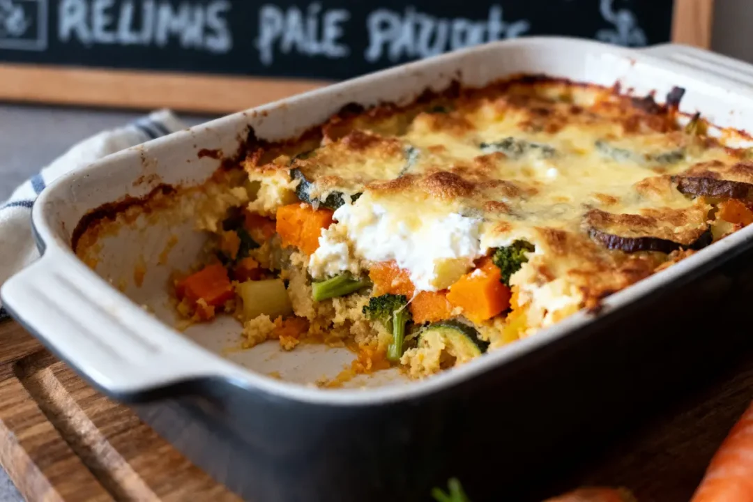 Gratin de légumes au fromage doré dans un plat rectangulaire en céramique sur planche en bois.