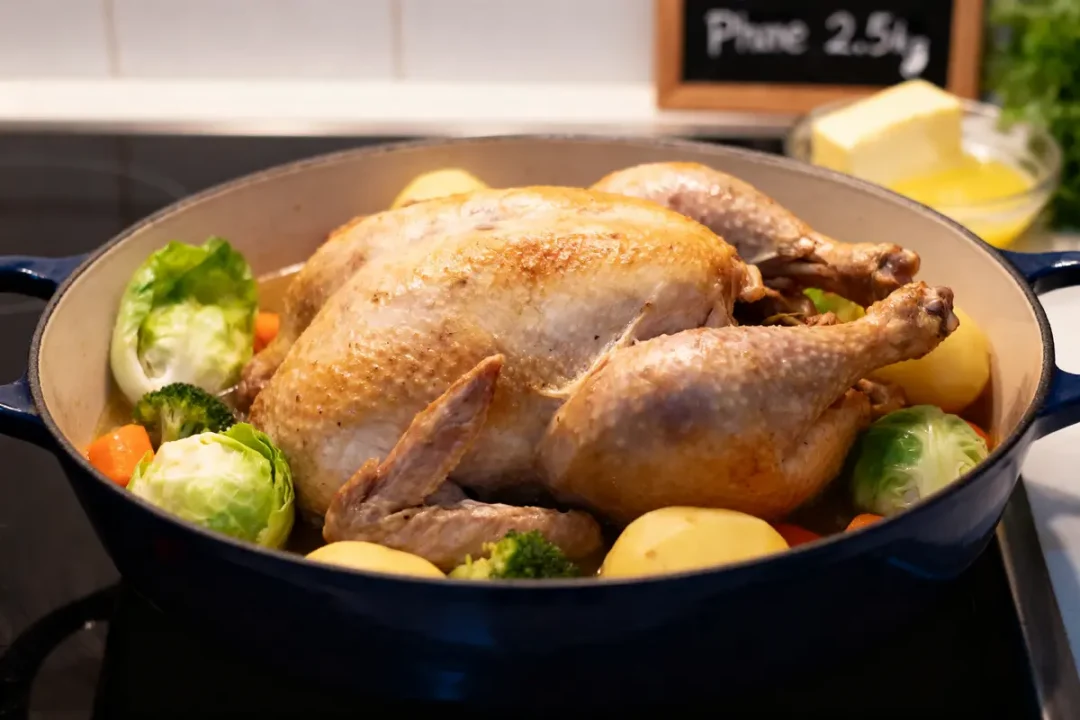 Poulet rôti avec pommes de terre et légumes dans une cocotte bleue sur une cuisinière.