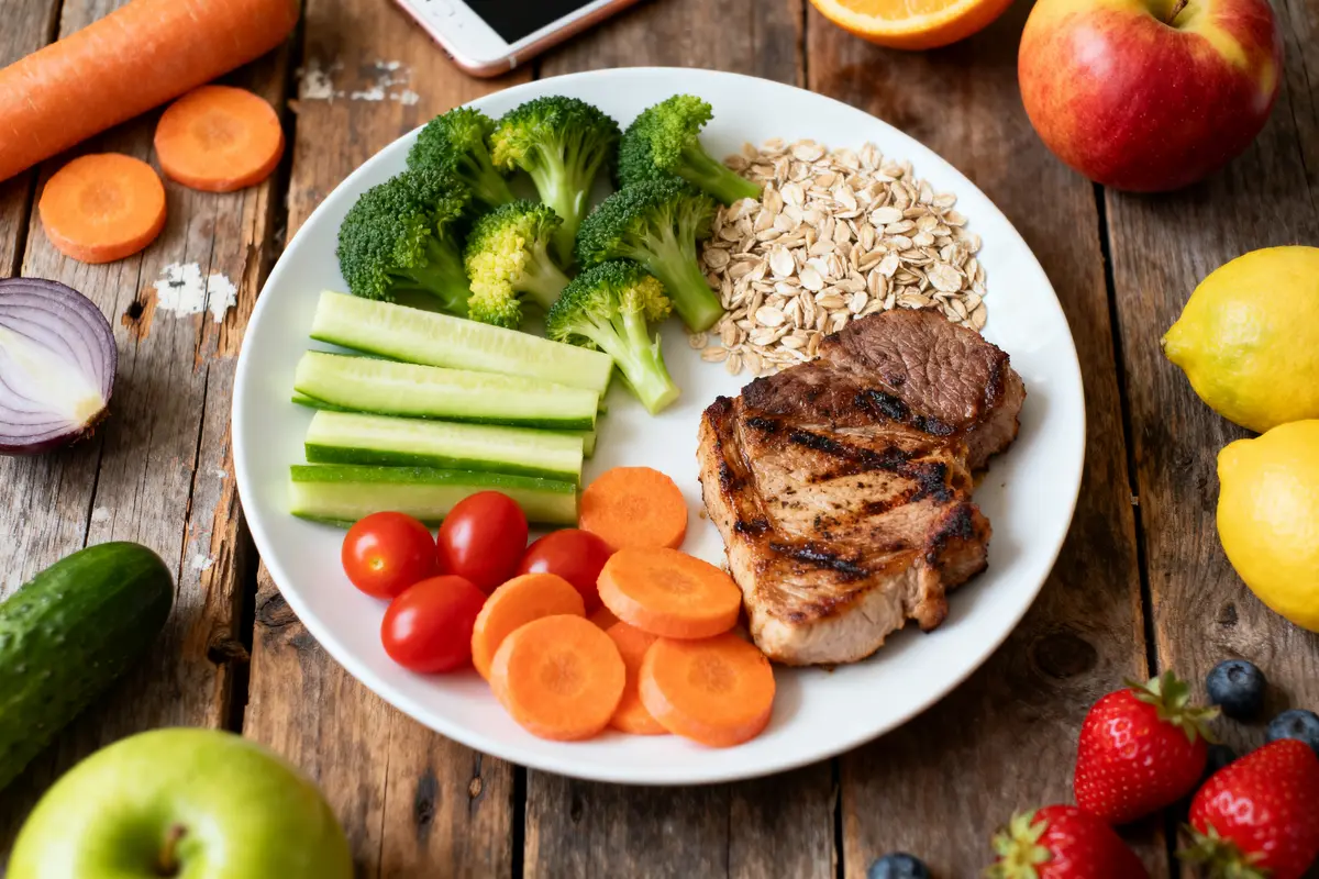 Assiette contenant légumes variés, viande grillée, avoine, sur table en bois. Aliments sains et équilibrés.