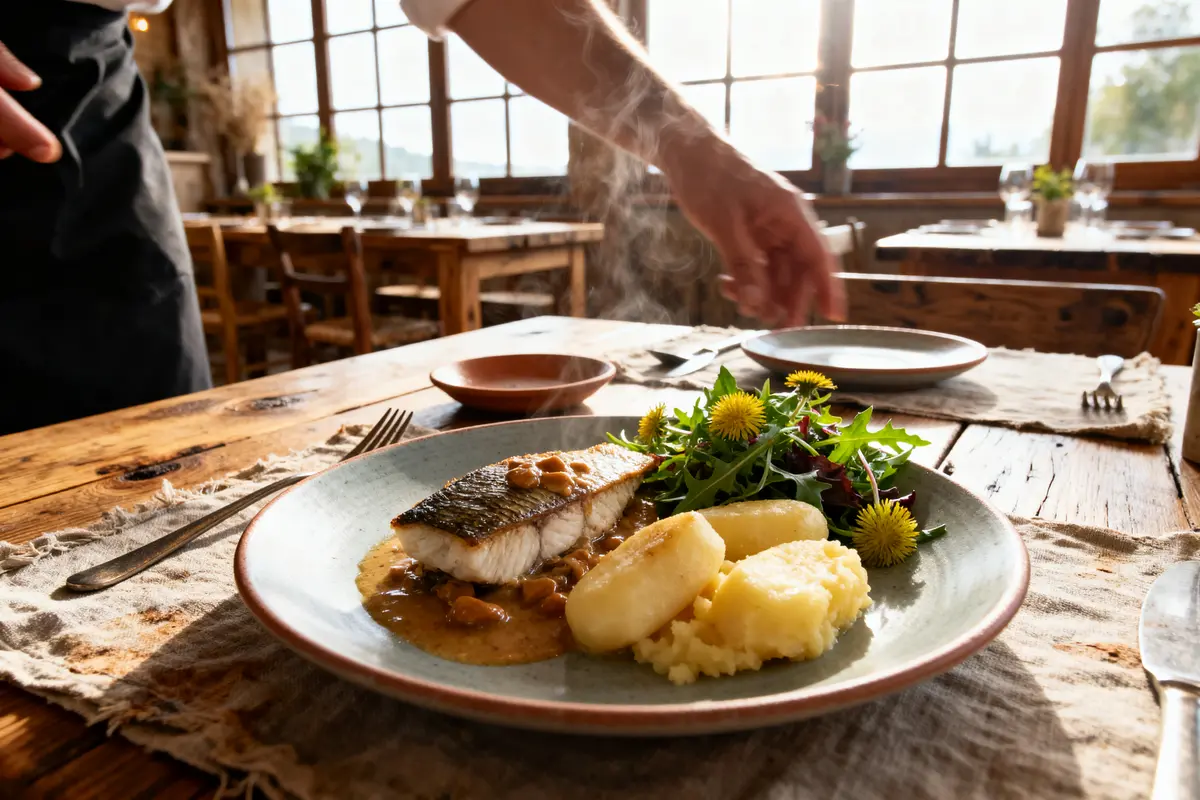 Assiette de poisson avec sauce, légumes et pommes de terre, servie sur table en bois dans un restaurant lumineux.